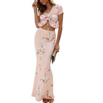 

Ruffle Hem Cinched Crop Top and Maxi Skirt, Pink