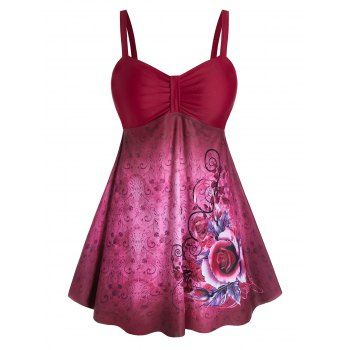 

Plus Size Floral Tribal Print Empire Waist Tankini Swimwear, Firebrick