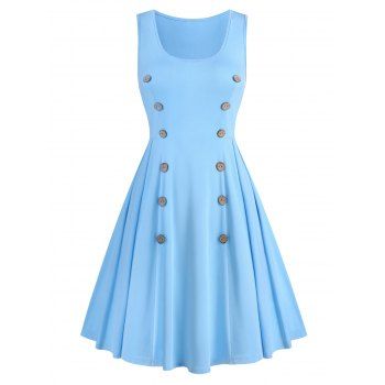 

Pure Color Mock Button Mini Sleeveless Dress, Light blue