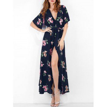 

Flower Print Slit Belted Surplice Dress, Deep blue