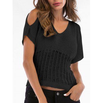 

Distressed V Neck Cold Shoulder Knitwear, Black