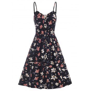 

Flower Print Mock Button Pocket Smocked Back Dress, Black
