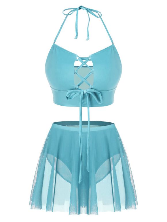 Maillot de Bain Tankini de Grande Taille à Lacets à Col Halter - Bleu Ciel Léger 5X