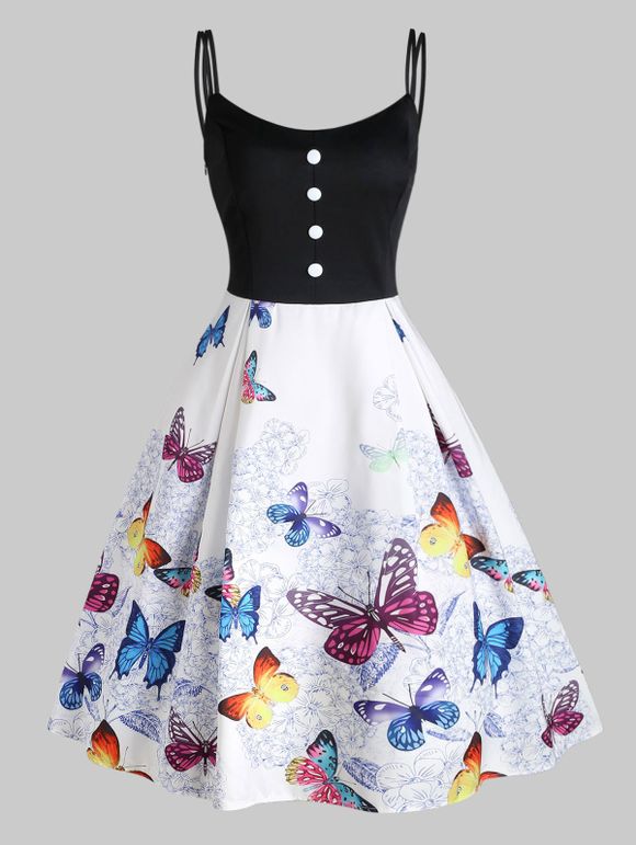 Robe Fleurie Papillon Imprimé à Taille Haute avec Bouton - multicolor XL