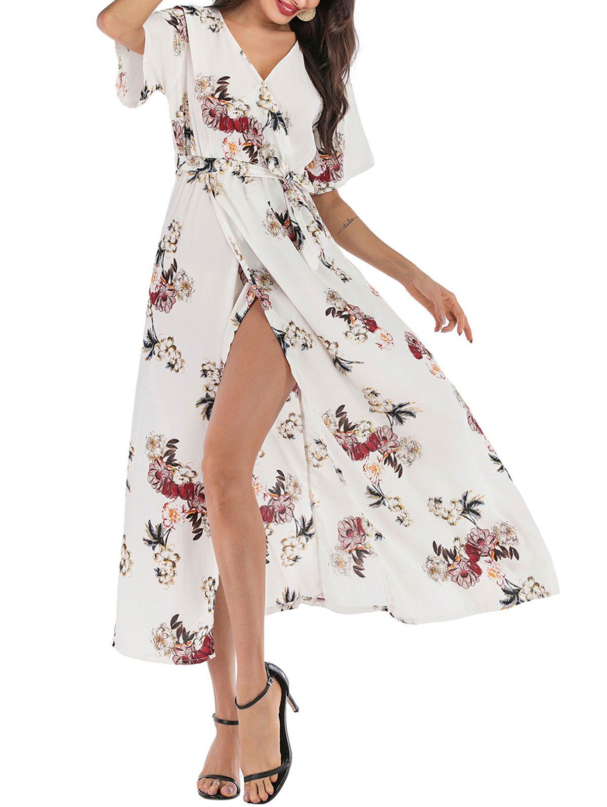 Flower Print Slit Belted Surplice Dress - WHITE XL