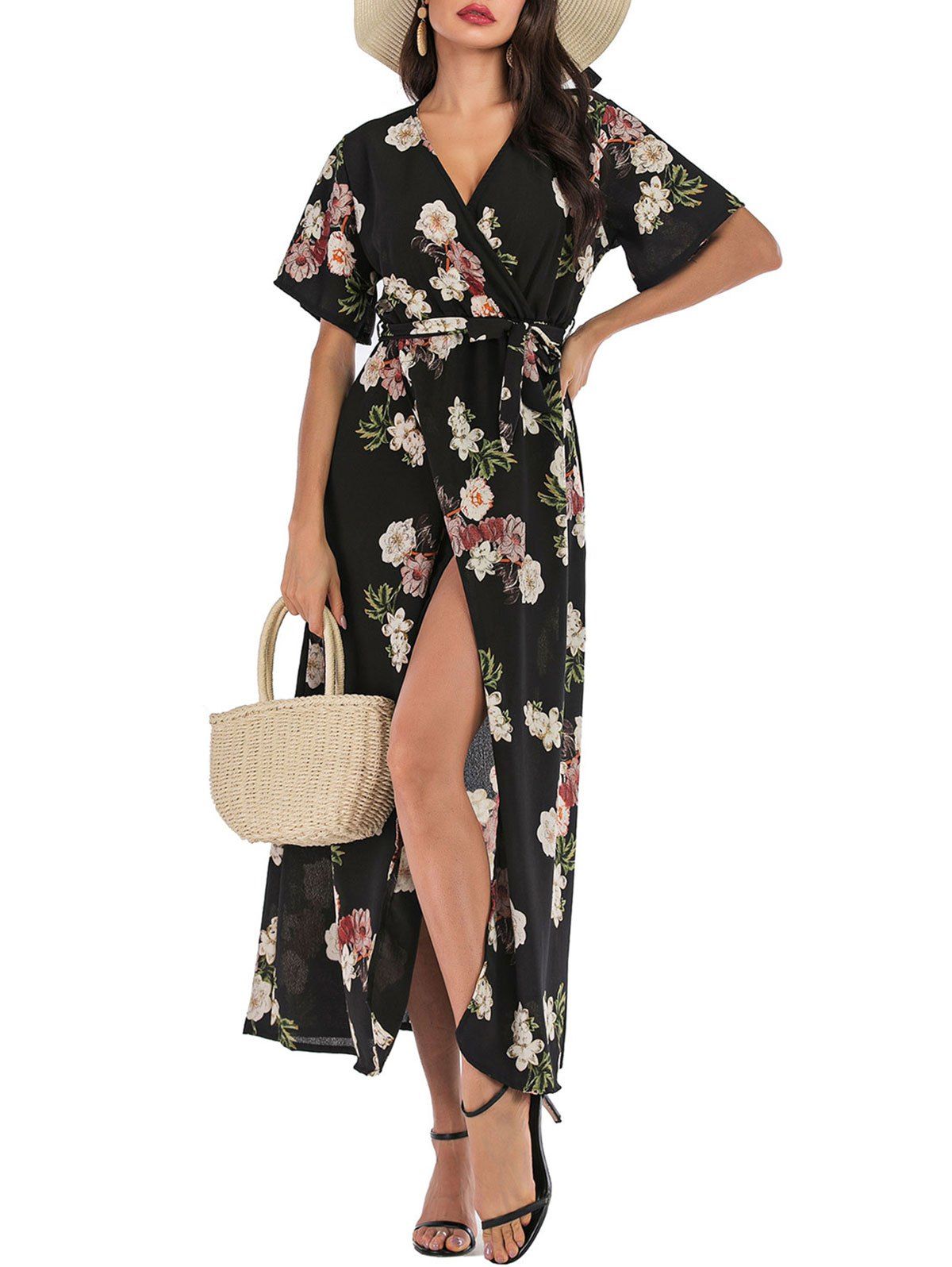 Flower Print Slit Belted Surplice Dress - BLACK XL