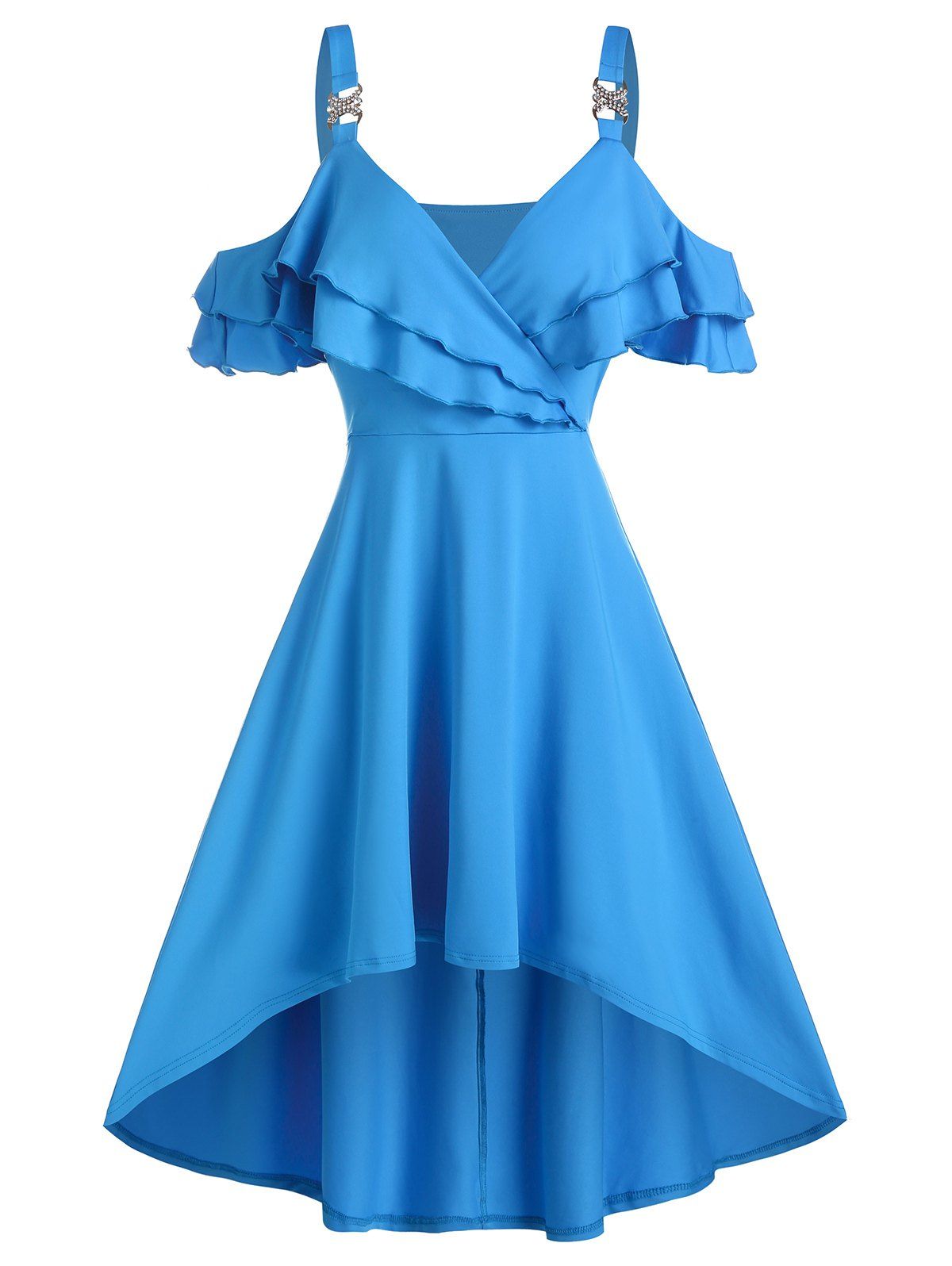 High Low Cold Shoulder Wrap Dress - DEEP SKY BLUE L