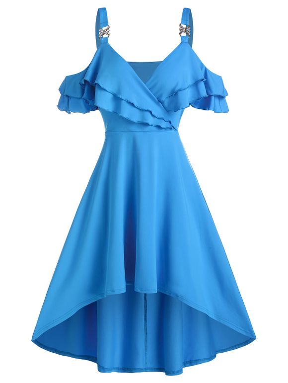 Robe Enveloppée Haute Basse à Epaule Dénudée - Ciel Bleu Foncé 3XL