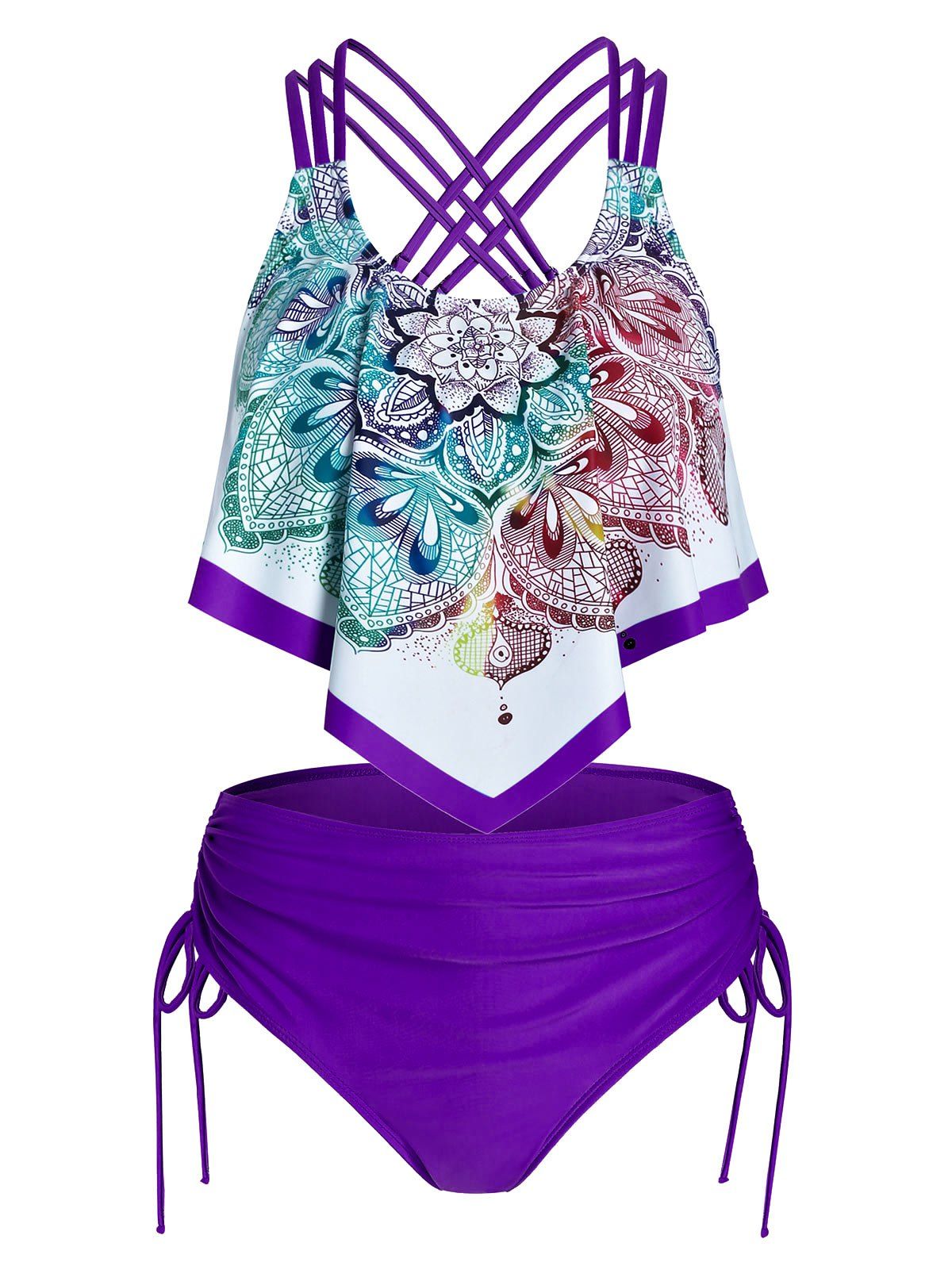 Bohemian Tankini Swimsuit Floral Plaid Print Swimwear Cinched Crisscross Tummy Control Bathing Suit - PURPLE S