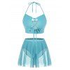 Maillot de Bain Tankini de Grande Taille à Lacets à Col Halter - Bleu Ciel Léger 5X