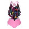 Maillot de Bain Tankini Superposé Imprimé de Grande Taille à Volants - Rose Cochon 4X
