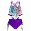 Bohemian Tankini Swimsuit Floral Plaid Print Swimwear Cinched Crisscross Tummy Control Bathing Suit - PURPLE S