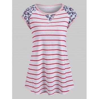 

Raglan Sleeve Leopard Panel Stripes Tee, Lava red