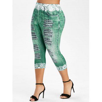 

Plus Size 3D Lace Ripped Print Faux Denim Leggings, Light sea green