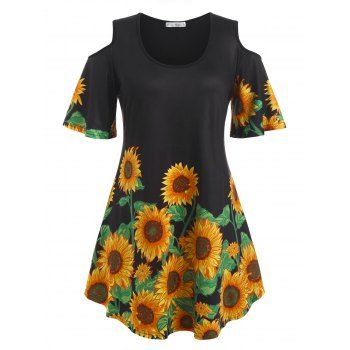 

Plus Size Sunflower Print Open Shoulder Long Tunic Tee, Black
