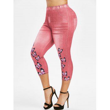 

Plus Size 3D Butterfly Pattern Cropped Jeggings, Flamingo pink