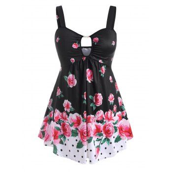 

Polka Dot Rose Chain Keyhole Plus Size Tank Top, Black