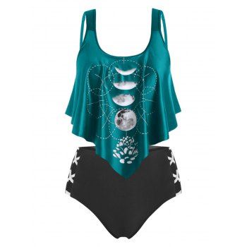 

Plus Size Moon Phase Print Ruffled Tankini Swimwear, Peacock blue