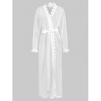 Image of Mesh Sheer Crochet Trim Belted Long Lingerie Robe