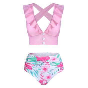 

Floral Print Ruffled Cross Back Tankini Swimwear, Pink