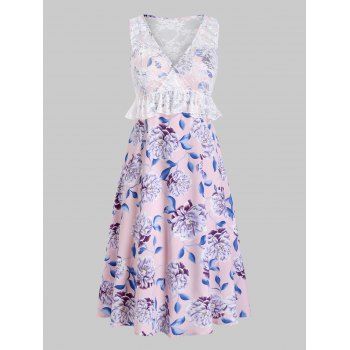 

Plus Size Flower Print Cami Dress and Lace Sheer Top Set, Pink