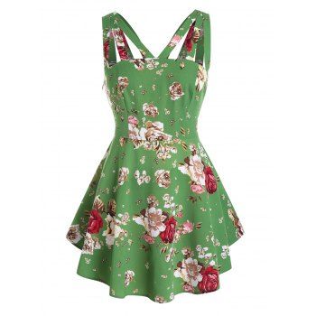 

Plus Size Flower Print Cutout Tunic Tank Top, Green apple