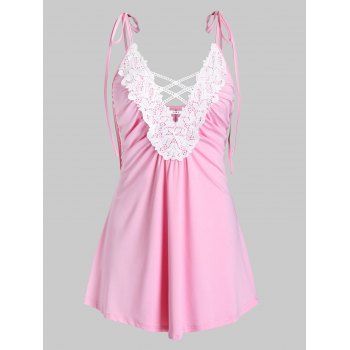 

Plus Size Applique Panel Tie Strap Ruched Cami Top, Light pink
