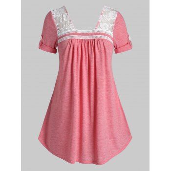 

Plus Size Lace Insert Roll Up Sleeve T Shirt, Light coral