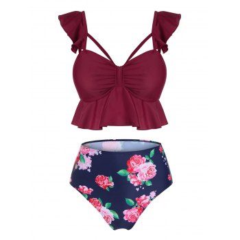 

Floral Print Ruched Padded Tankini Set, Firebrick