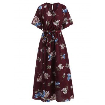 

Flower Print Slit Belted Surplice Dress, Red wine