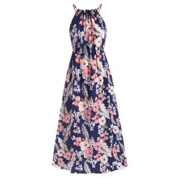 

Flower Print Gathered Neck High Waisted Dress, Deep blue