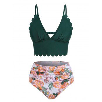

Floral Tankini Swimwear Tummy Control Swimsuit Scalloped Ruched High Waisted Beach Bathing Suit, Deep green