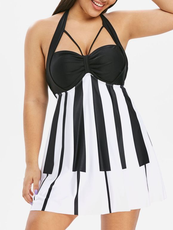 Maillot de Bain Tankini à Bretelle Clé de Piano Imprimé Grande Taille à Col Halter - Noir 1X