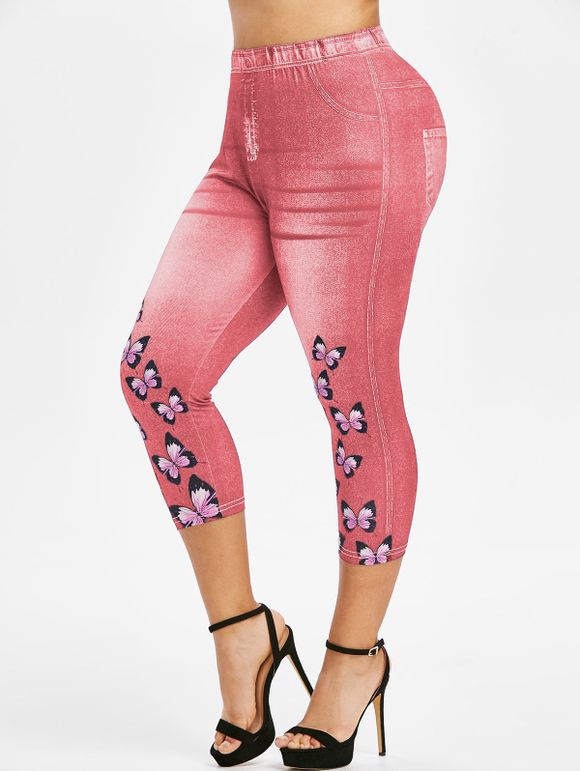 Legging Court Motif de 3D Papillon de Grande Taille - Rose Flamant 5X