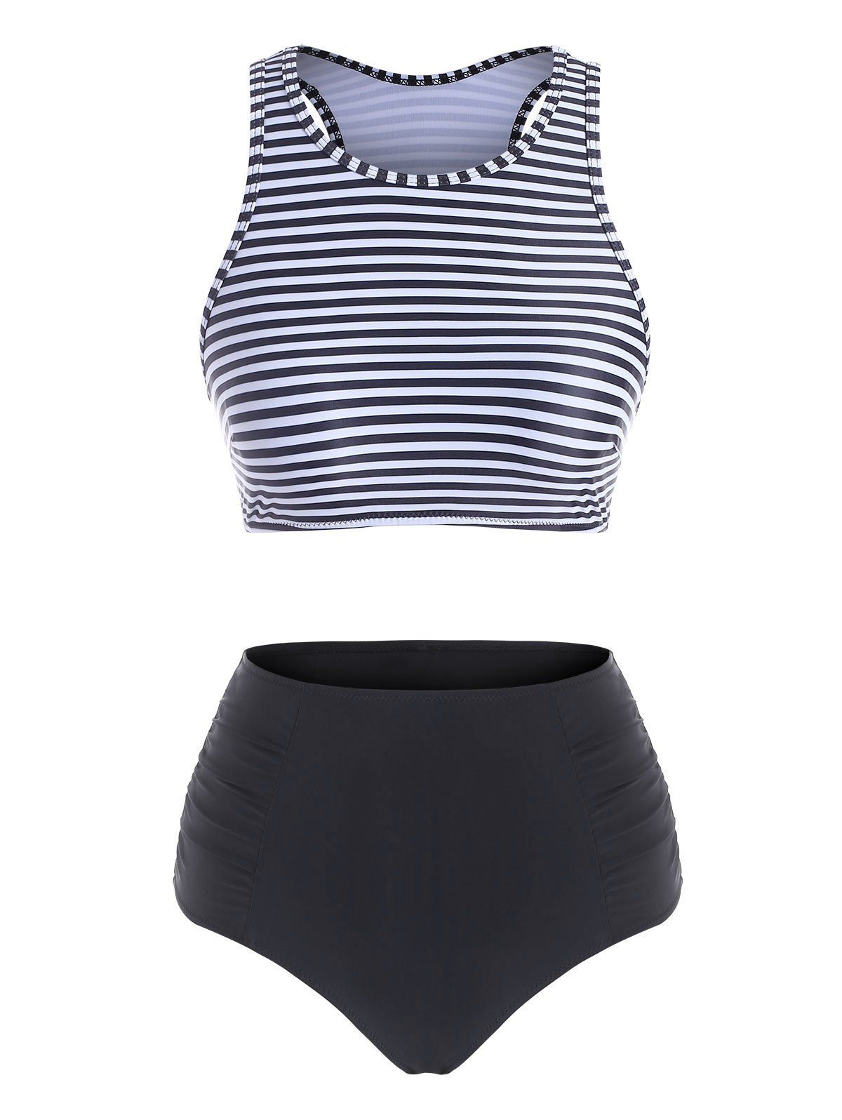 Ruched High Waisted Stripes Tankini Swimwear - BLACK L