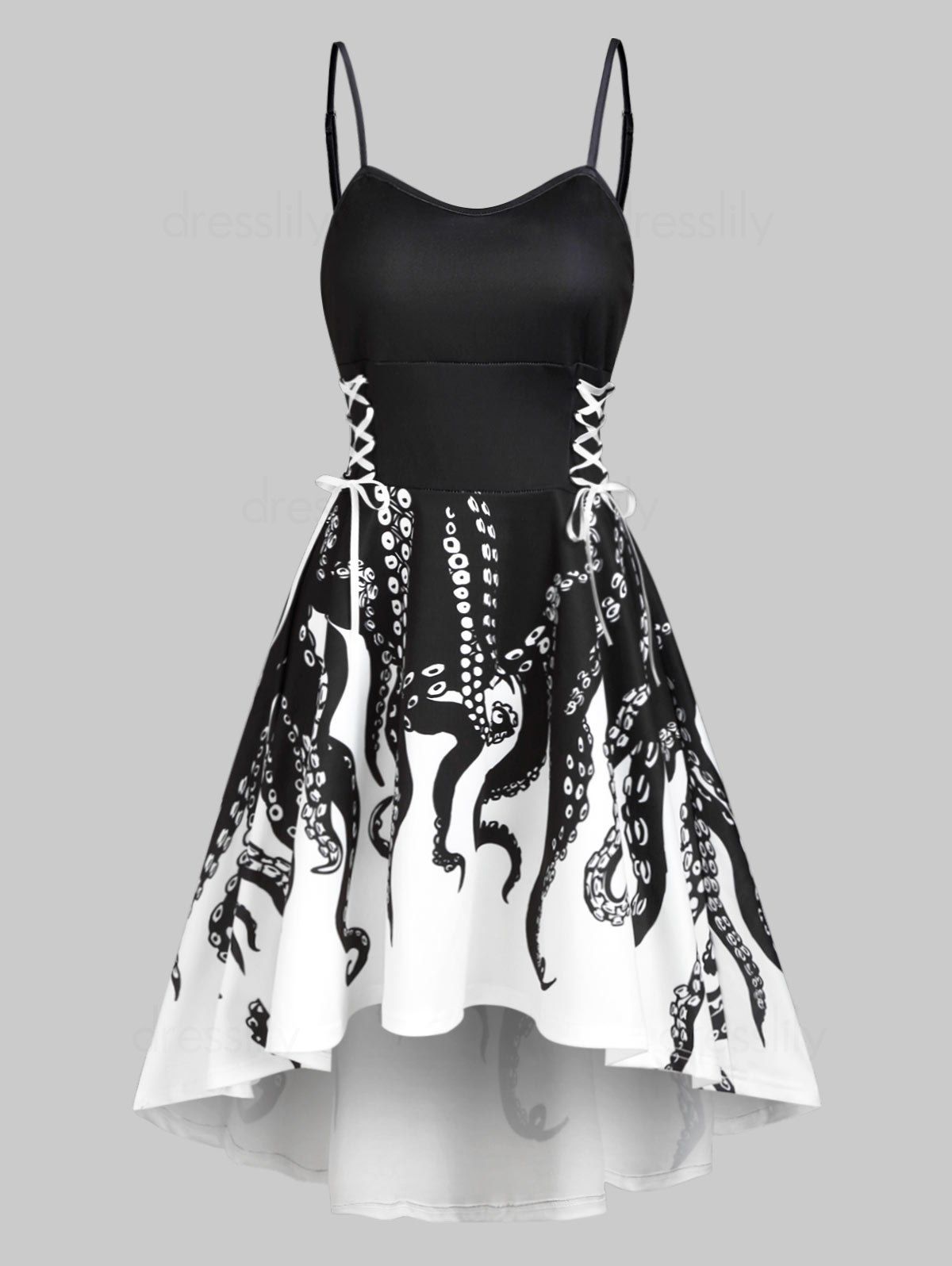 Summer Cute High Low Lace Up Octopus Print Mini Dress - BLACK S
