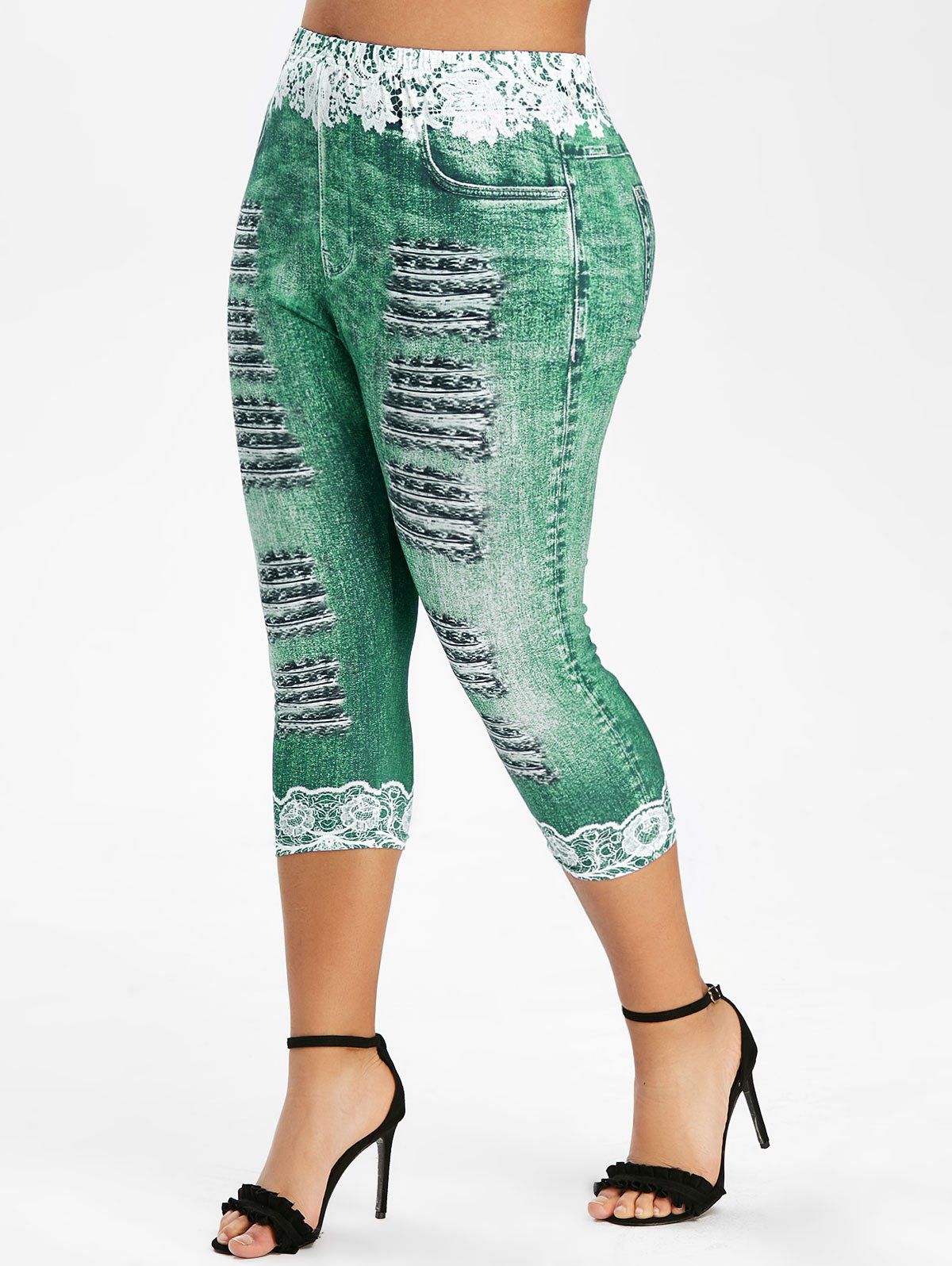 26 Off 2020 Plus Size 3d Lace Ripped Print Faux Denim Leggings In Light Sea Green Dresslily 4830