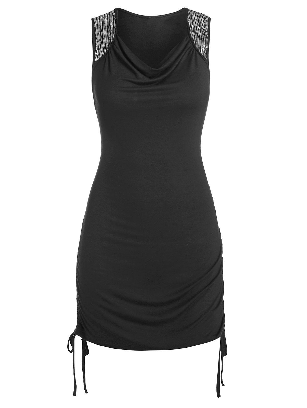Plain Sequin Tank Dress Draped Cinched Tie Fitted Bodycon Slinky Sleeveless Short Dress - BLACK M