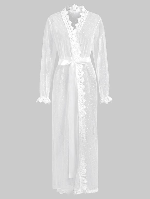 Robe Lingerie Longue Ceinturée à Ourlet au Crochet en Maille Transparente - Blanc Lait S