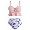 Maillot de Bain Tankini Péplum Anneau en O Fleuri Découpé de Grande Taille - Rose 4X