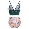Floral Tankini Swimwear Tummy Control Swimsuit Scalloped Ruched High Waisted Beach Bathing Suit - DEEP GREEN M
