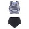 Ruched High Waisted Stripes Tankini Swimwear - BLACK L