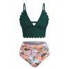 Floral Tankini Swimwear Tummy Control Swimsuit Scalloped Ruched High Waisted Beach Bathing Suit - DEEP GREEN L