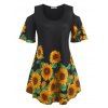 T-Shirt Tunique Long Tournesol Imprimé à Epaule Dénudée de Grande Taille - Noir 2X