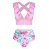 Floral Print Ruffled Cross Back Tankini Swimwear - PINK 3XL