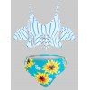 Maillot de Bain Tankini Matelassé Rayé Fleuri à Epaule Dénudée - Turquoise Foncée L