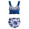 Ruffle Floral Palm Leaf Lattice Tankini Swimwear - OCEAN BLUE S