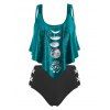 Plus Size Moon Phase Print Ruffled Tankini Swimwear - PEACOCK BLUE 2X