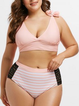 Bowknot Striped Lace Panel Plus Size Bikini Set