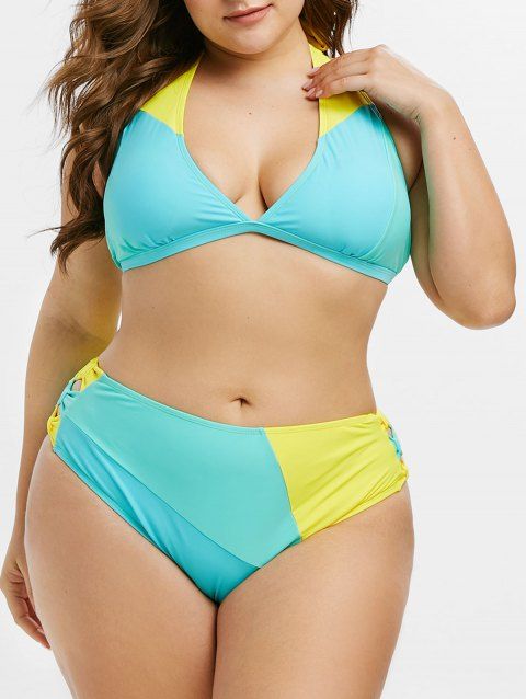 Halter Colorblock Bowknot Plus Size Bikini Swimwear